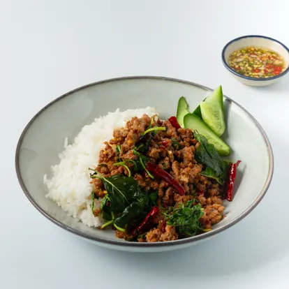 Stir-fried Holy Basil with Minced Pork & Dried Chili over Rice